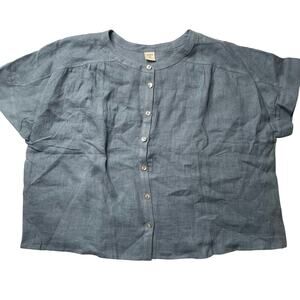 Lintico Blue Button Front Short Sleeve Linen Top Medium Casual Lightweight